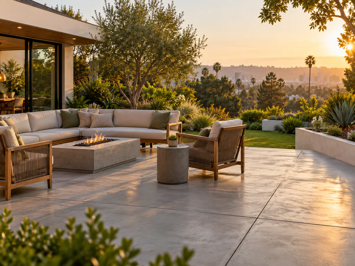 Completed backyard concrete patio and outdoor living area in Los Angeles, California