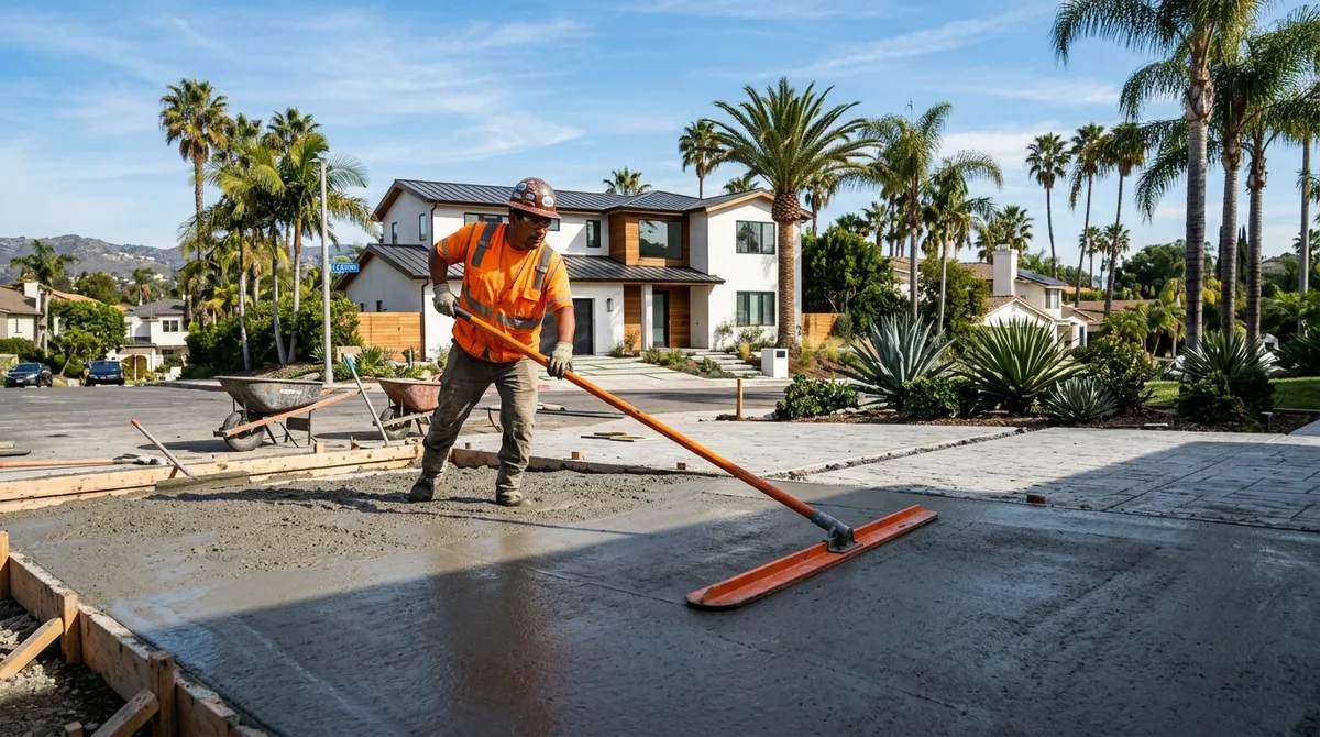 Professional concrete contractor smoothing wet concrete with a bull float on a residential driveway in Los Angeles, CA
