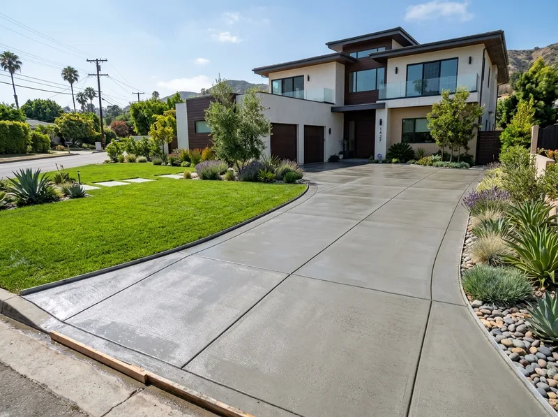 Freshly poured concrete driveway with control joints at a residential property in Los Angeles, California