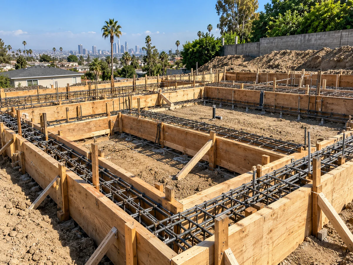 Concrete foundation formwork and rebar layout before placement at a Los Angeles construction site