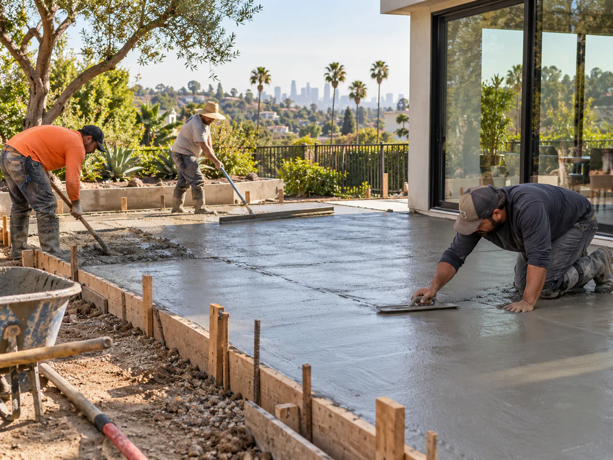 Beautiful finished concrete patio with outdoor furniture and pergola in a Los Angeles backyard