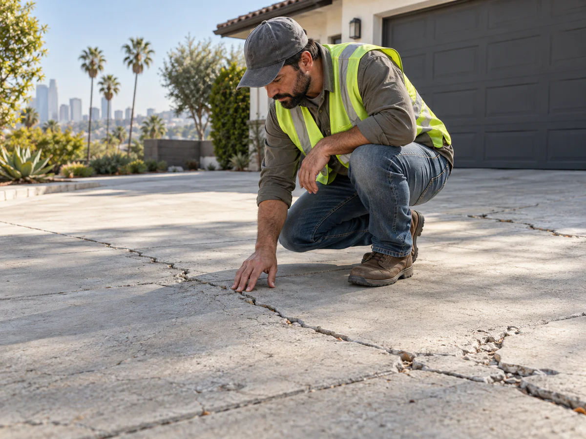 Contractor evaluating cracked and damaged concrete for repair assessment in Los Angeles