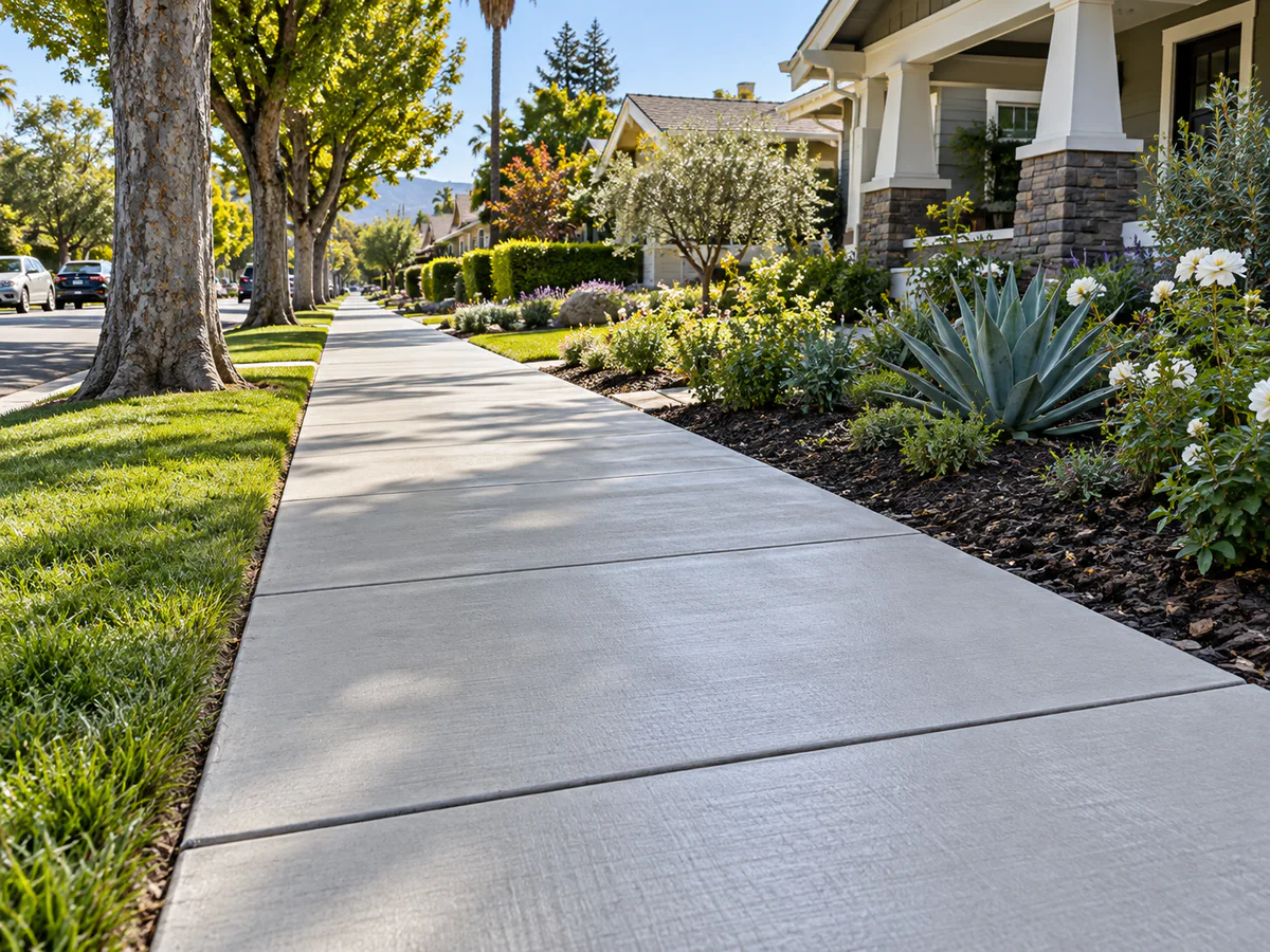 New concrete sidewalk installation with expansion joints in a Los Angeles residential neighborhood
