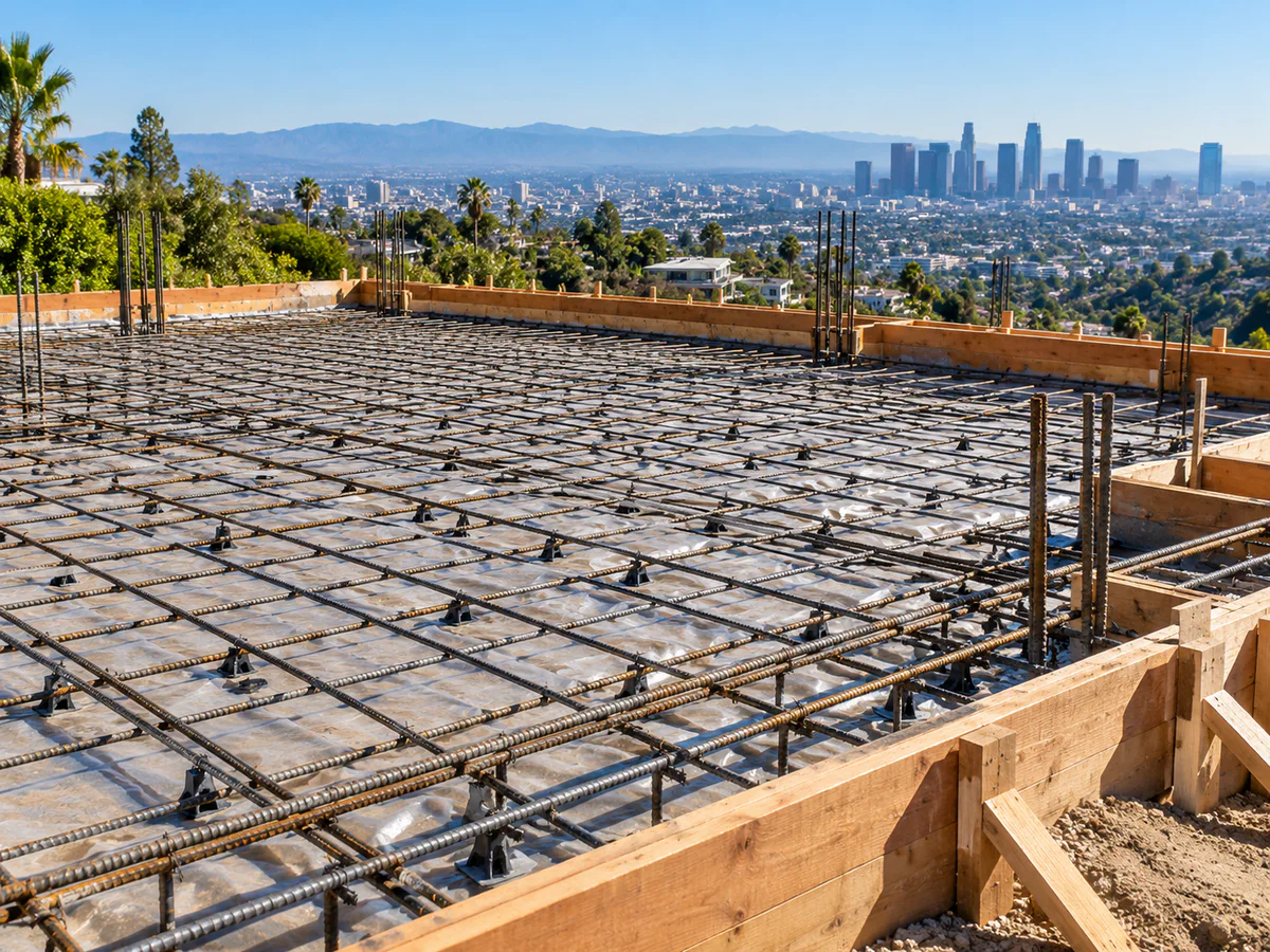 Steel reinforcement placement before a concrete slab pour in Los Angeles, California