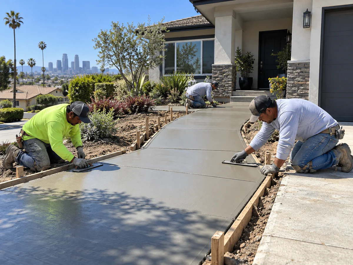 Concrete walkway construction connecting a residential entry and driveway in Los Angeles