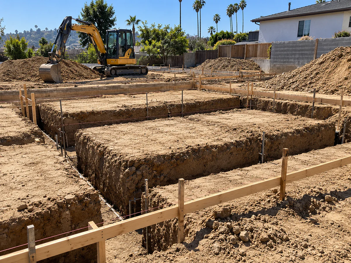 Foundation excavation and site preparation for a residential project in Los Angeles, California